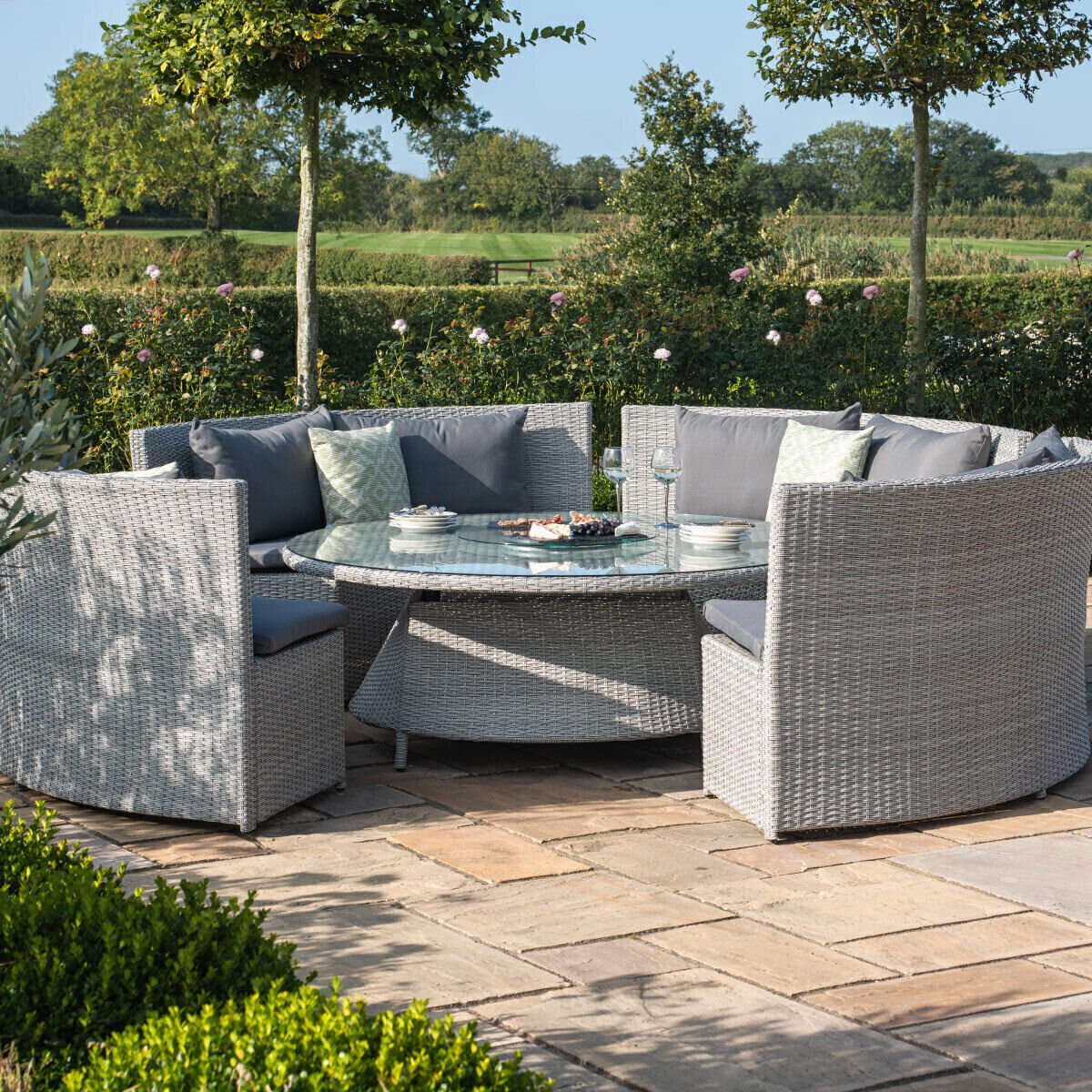 Ascot Round Rattan Sofa Dining Set with Rising Table & Weatherproof Cushions