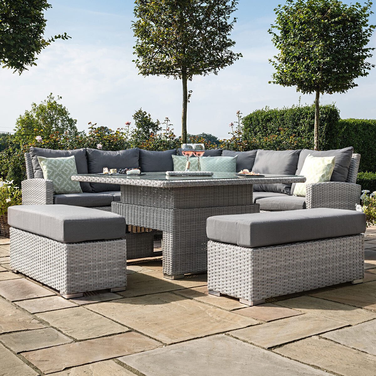 Ascot Deluxe Rattan Corner Dining Set with Rising Table, Ice Bucket & Weatherproof Cushions