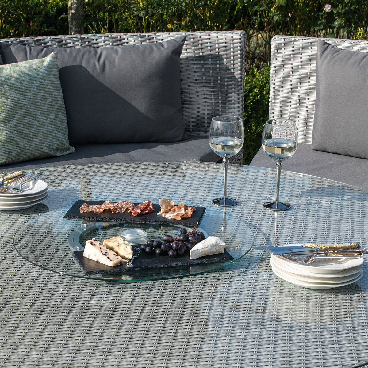 Ascot Round Rattan Sofa Dining Set with Rising Table & Weatherproof Cushions
