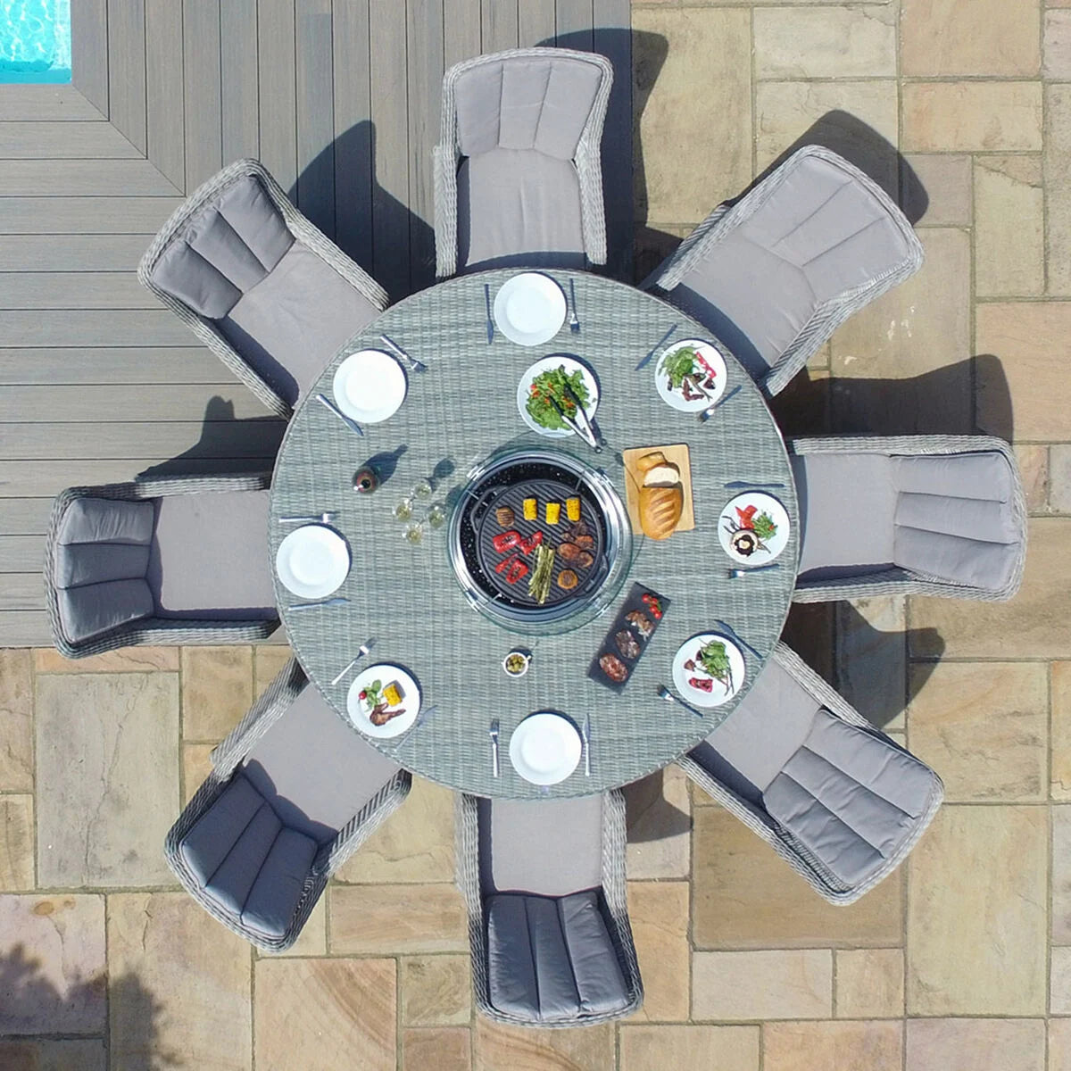 Oxford Venice 8 Seat Round Rattan Fire Pit Dining Set with Lazy Susan