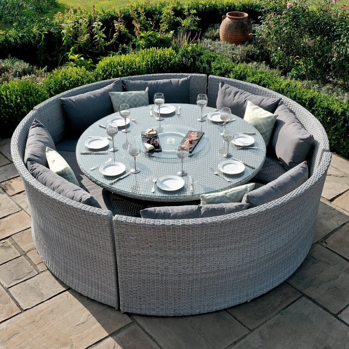 Ascot Round Rattan Sofa Dining Set with Rising Table & Weatherproof Cushions