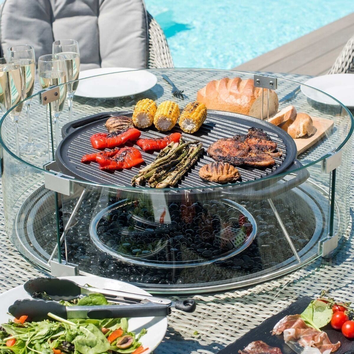 Oxford Venice 8 Seat Round Rattan Fire Pit Dining Set with Lazy Susan