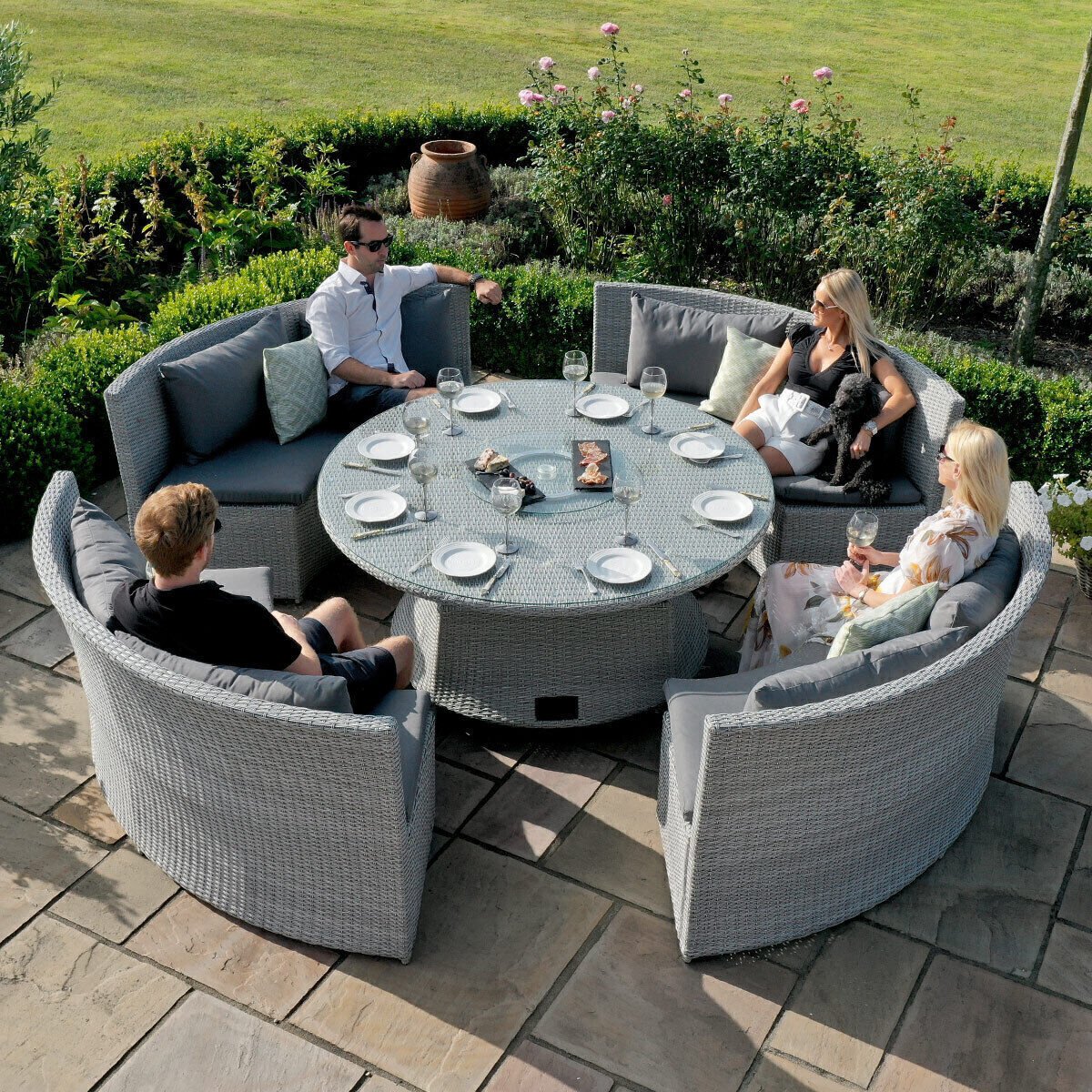 Ascot Round Rattan Sofa Dining Set with Rising Table & Weatherproof Cushions